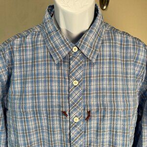 SIMMS Men's blue and white plaid vented 3/4 sleeve fishing shirt XL EUC